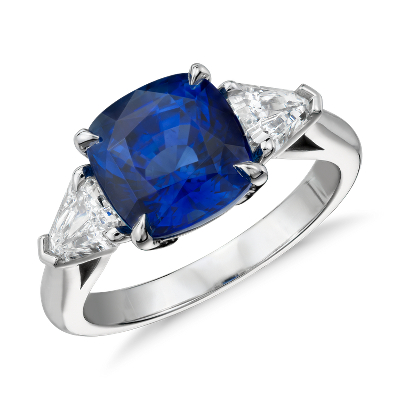 5.07 ct Cushion Cut Sapphire and Diamond Three-Stone Ring