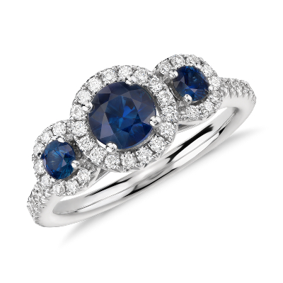 Isola Sapphire And Diamond Halo Three Stone Ring In 14k White Gold 5mm Blue Nile