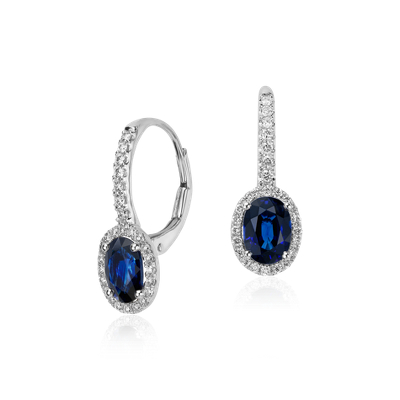 Sapphire And Micropave Diamond Halo Drop Earrings In 14k White Gold 7x5mm Blue Nile