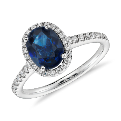 Sapphire And Micropave Diamond Halo Ring In 14k White Gold 8x6mm Blue Nile