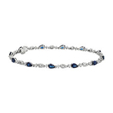 新款 14k 白金梨形蓝宝石和钻石手链（5x3 毫米）