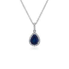 NEW Sapphire Pear Shape Halo Drop Pendant in 14k White Gold (8x6mm)