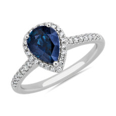 NEW Sapphire Pear Shape Halo Ring in 14k White Gold (8x6mm)