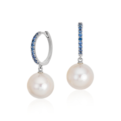 Sapphire and Freshwater Cultured Pearl Drop Hoop Earrings in 14k White