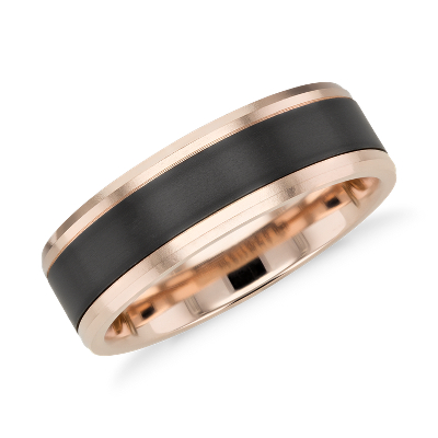 Satin Finish Wedding Ring in Black Titanium and 14k Rose Gold (7mm ...