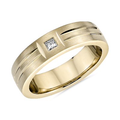 Single Diamond Dual Polish Inlay Matte Wedding Band in 14k Yellow Gold