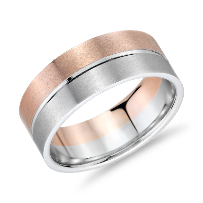 Matte Two Tone Polished Rail Wedding Band In 14k White And Rose