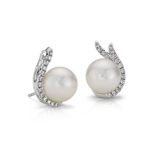 South Sea Cultured Pearl and Diamond Stud Earrings in 18k White Gold ...