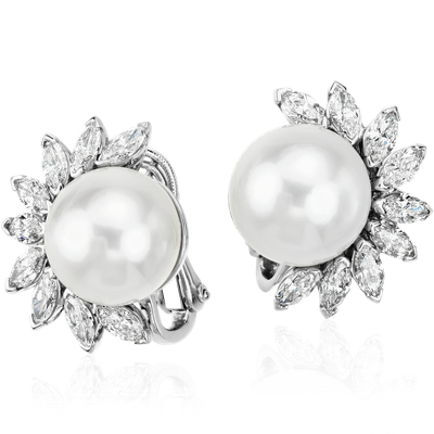 South Sea Cultured Pearl and Diamond Earrings in Platinum (13mm) | Blue ...