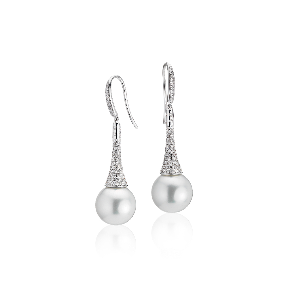 "Diamond Drop South Sea Cultured Pearl Earrings in 14k White Gold (12-13mm)"