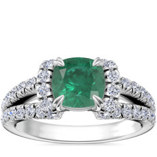 NEW Split Semi Halo Diamond Engagement Ring with Cushion Emerald in Platinum (6.5mm)