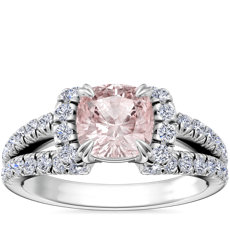 NEW Split Semi Halo Diamond Engagement Ring with Cushion Morganite in Platinum (6.5mm)