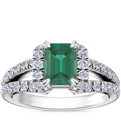 Split Semi Halo Diamond Engagement Ring with Emerald-Cut Emerald in ...