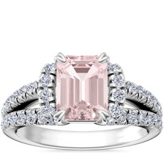NEW Split Semi Halo Diamond Engagement Ring with Emerald-Cut Morganite in Platinum (8x6mm)