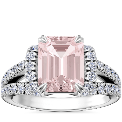 Split Semi Halo Diamond Engagement Ring with Emerald-Cut Morganite in ...