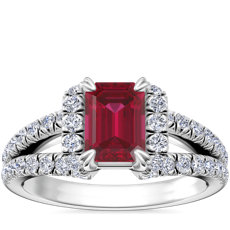 NEW Split Semi Halo Diamond Engagement Ring with Emerald-Cut Ruby in Platinum (7x5mm)