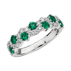 14k 白金綠寶石與鑽石交錯戒指