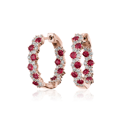 Staggered Ruby and Diamond Hoop Earrings in 14K Rose Gold