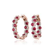 14k 玫瑰金摇曳红宝石和钻石圈形耳环