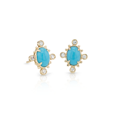 Sunburst Turquoise and White Sapphire Earrings in 14k Yellow Gold (7x5 ...
