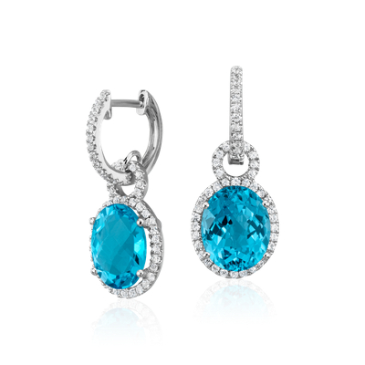 Swiss Blue Topaz and White Sapphire Halo Oval Drop Earrings in Sterling ...