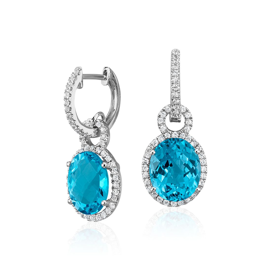 Swiss Blue Topaz and White Sapphire Halo Oval Drop Earrings in Sterling Silver (10x8mm)