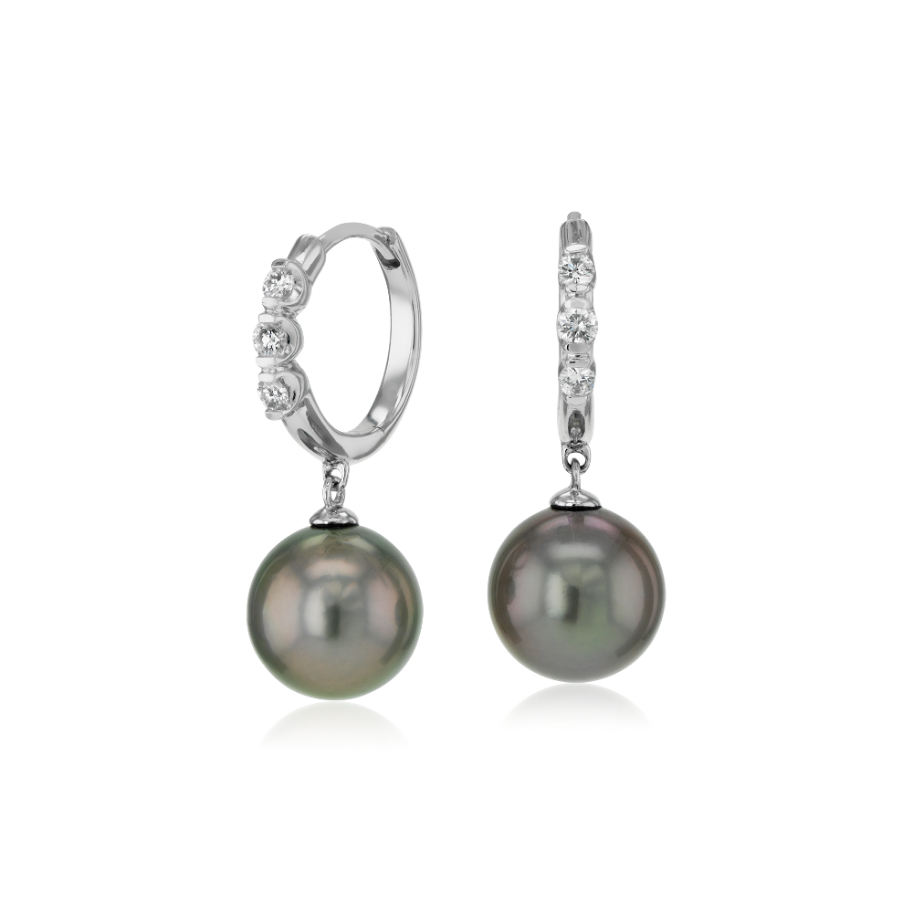 "Tahitian Cultured Pearl Earrings with Diamond Hoop in 14k White Gold (8.0-9.0mm)"