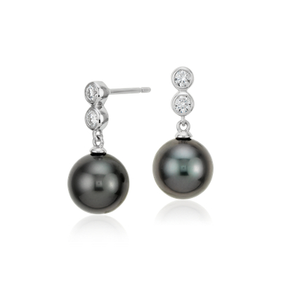 Tahitian Cultured Pearl Diamond Drop Earrings in 18k White Gold (9.5mm ...