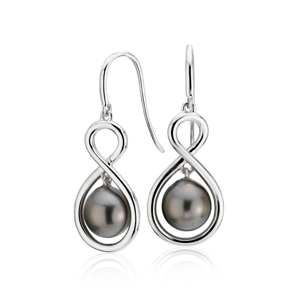 "Tahitian Cultured Pearl Infinity Drop Earrings in Sterling Silver (8-9mm)"
