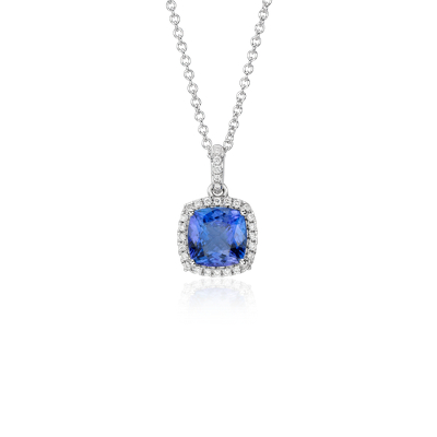 Tanzanite Cushion and Diamond Halo Pendant in 14k White Gold (7x7mm ...