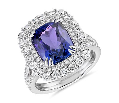 Cushion-Shaped Tanzanite and Diamond Halo Cocktail Ring in 18k White Gold
