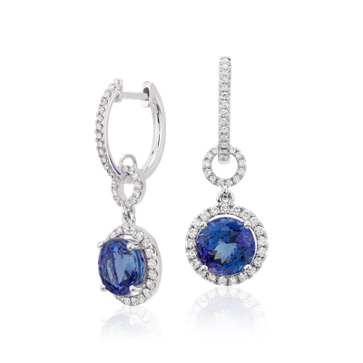 Tanzanite and Diamond Halo Drop Earrings in 18k White Gold (8mm) | Blue