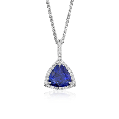 Trillion-Cut Tanzanite Diamond Halo Pendant in 18k White