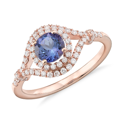 Bague Elegante Halo De Diamants Et Tanzanite En Or Rose 14 Carats