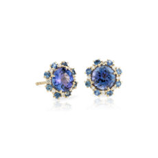 Tanzanite Stud Earrings with Sapphire and Diamond Halos in 14k Yellow Gold (6mm)