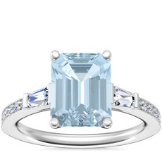 新款 14k 白金尖頂長方形鑽石大教堂訂婚戒指搭綠寶石形海藍寶石 （9x7 毫米）