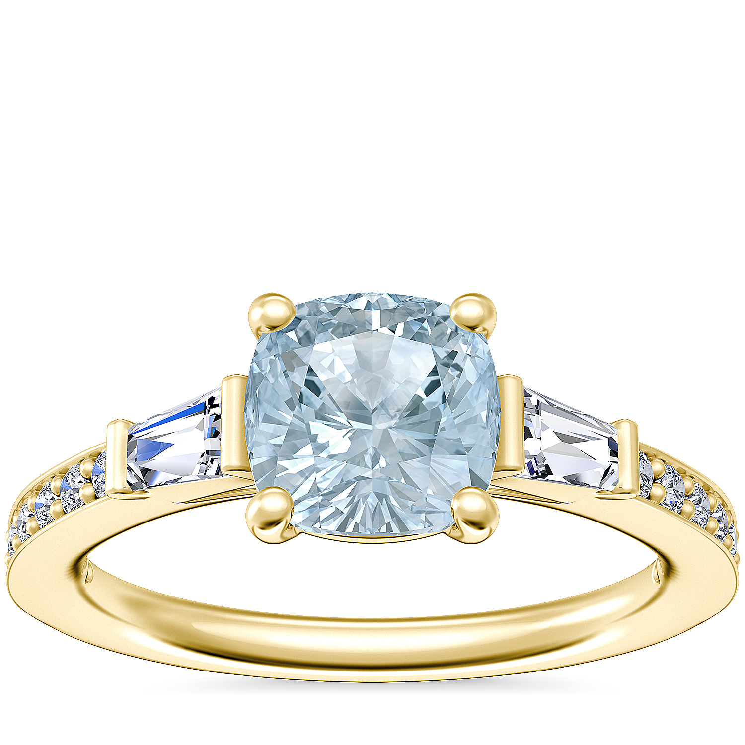 Tapered Baguette Diamond Cathedral Engagement Ring with Cushion Aquamarine in 14k Yellow Gold (6.5mm)