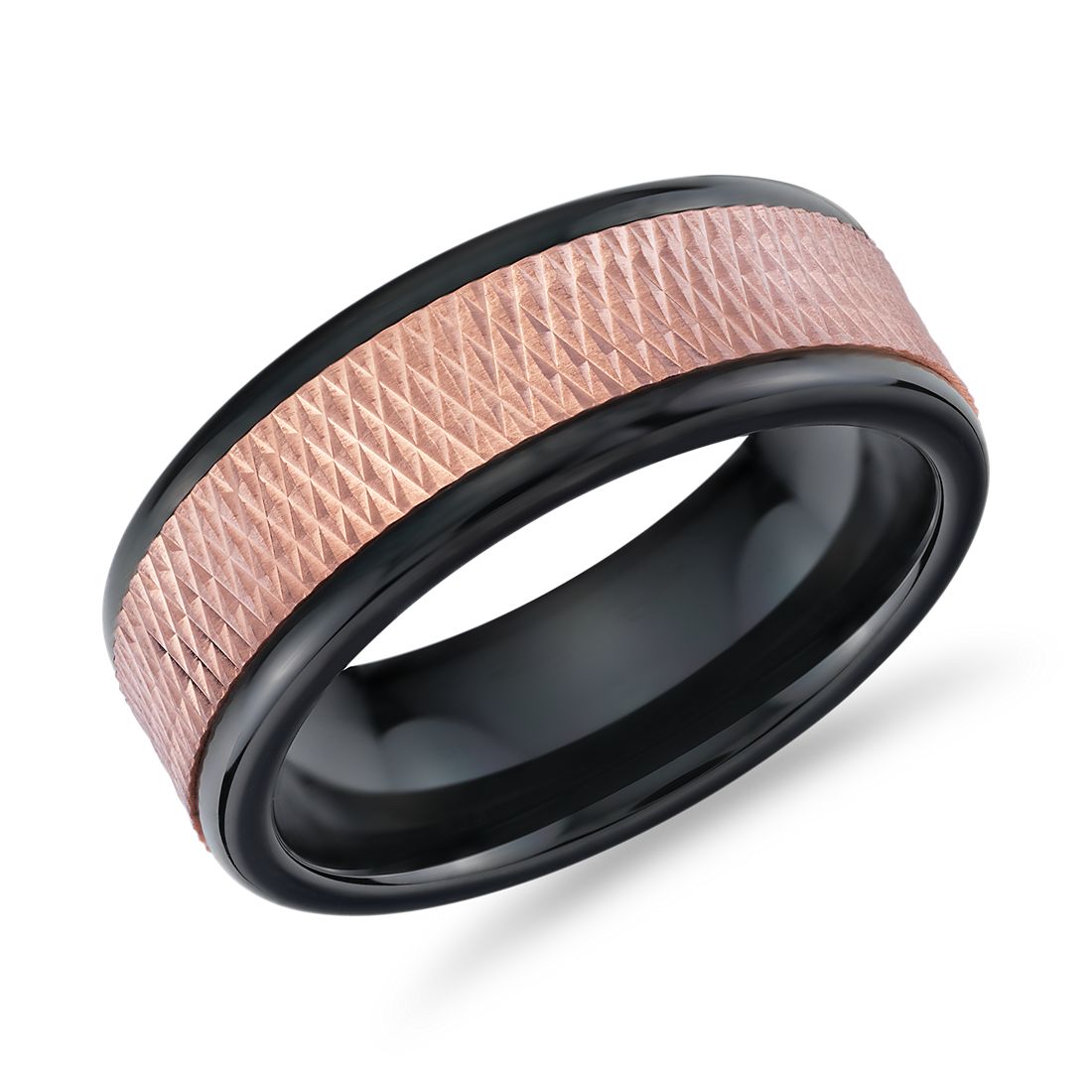 Alianza de boda con incrustación texturizada en Tungsteno y Oro rosado de 14 k (8 mm)