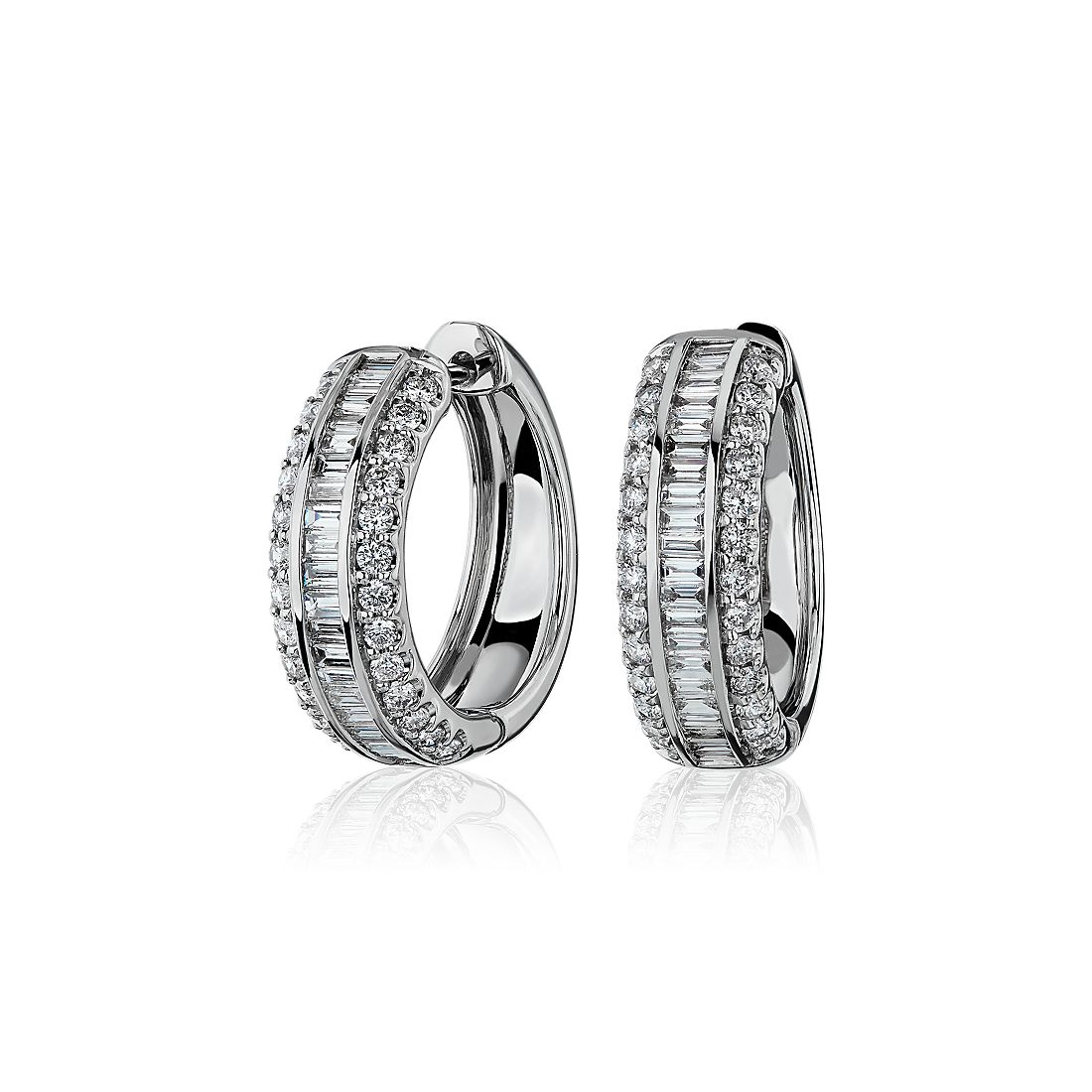 Three Row Baguette and Round Hoop Earrings in 14k White Gold (1 ct. tw.)
