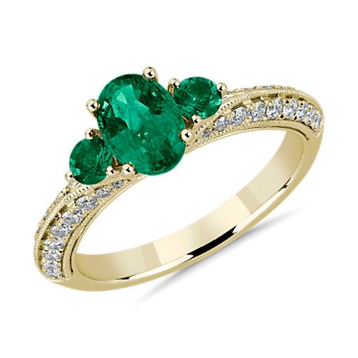 Three-Stone Emerald and Diamond Ring in 14k Yellow Gold | Blue Nile