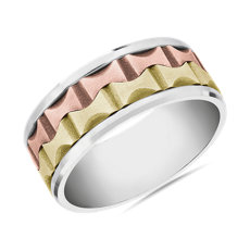 NEW Tri-Tone Gear Wedding Band in 14k Yellow & Rose Gold with White Gold Edge (9mm)