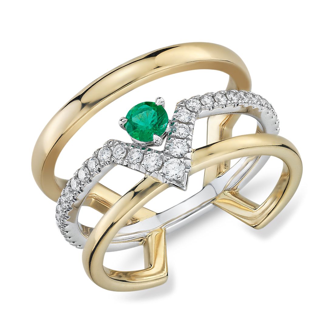 18k 黃金和白金小巧幾何三排綠寶石鑽石戒指（3.5 毫米）