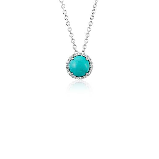 Natural Turquoise and White Topaz Button Pendant in 14k White Gold (7mm ...