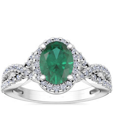 NEW Twist Halo Diamond Engagement Ring with Oval Emerald in 14k White Gold (8x6mm)