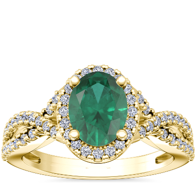 Twist Halo Diamond Engagement Ring with Oval Emerald in 14k Yellow Gold ...
