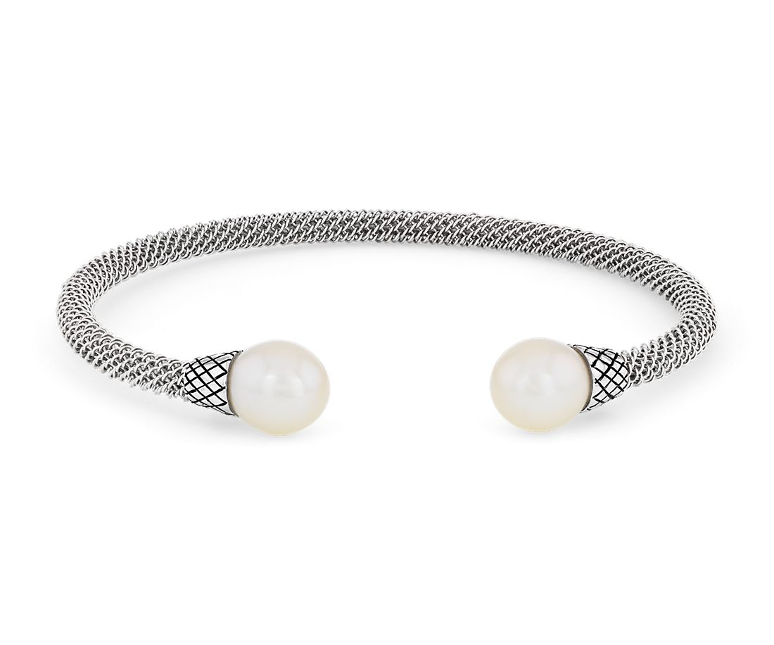 Twisted Cuff Bracelet with Freshwater Pearl Ends in Sterling Silver
