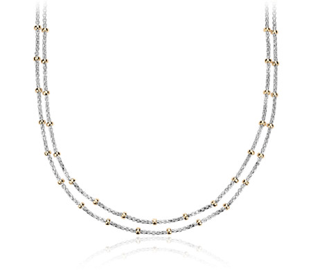 Two-Tone Layered Bead Station Necklace in Sterling Silver and 14k ...
