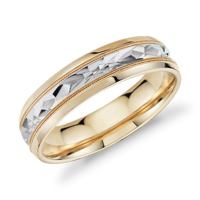Two Tone Milgrain Diamond Cut Wedding Band In 14k Yellow Gold 6mm