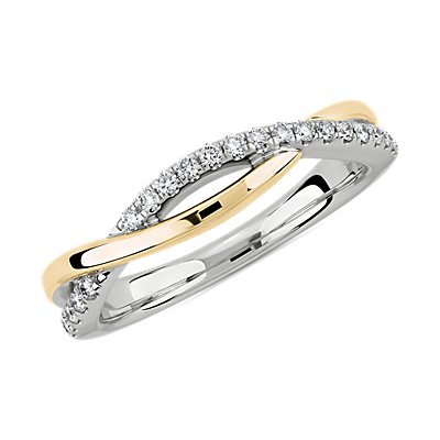 14k 白金和黃金雙色調扭轉鑽石結婚戒指（1/6 克拉總重量）