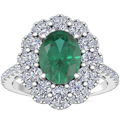 Vintage Diamond Halo Engagement Ring with Oval Emerald in 14k White ...